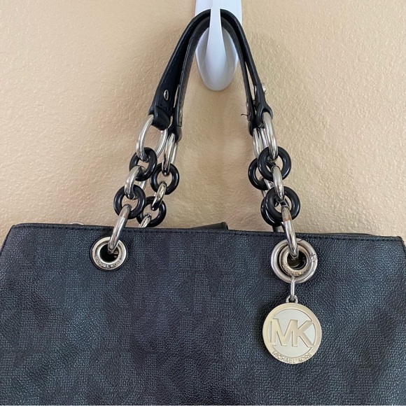 Michael Kors Cynthia Logo Black Leather Medium Sachel Bag Silver Black Hardware‎ - Picture 3 of 15